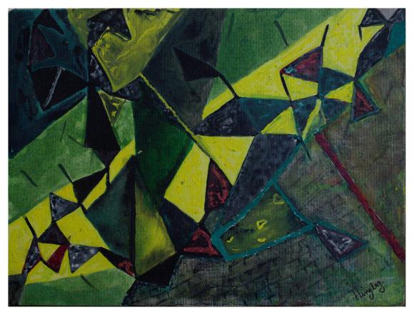 Art in the geometric abstraction style with an interconnected web of yellow and green geometric figures running amok