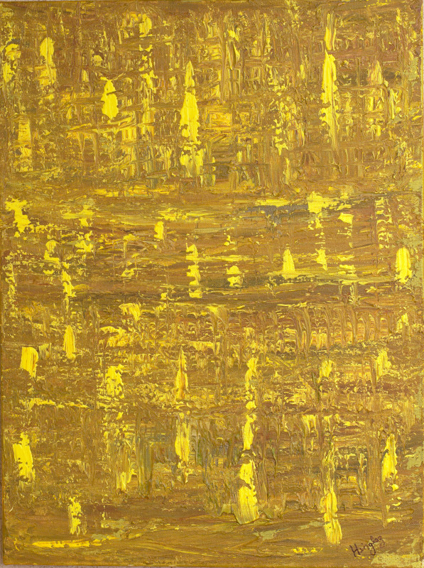 Textured abstract painting in shades of yellow with a bright splotches running across a mixed yellow surface