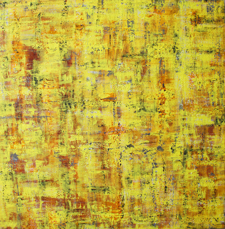 Abstract painting in bright yellow with a finely textured and mottled surface with specks of different colors running across it