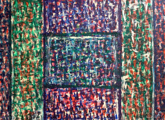 Abstract finger painting in shades of dark blue, green and pink with a textured and mottles design running across the surface making the letter H which is part of the artist's initials