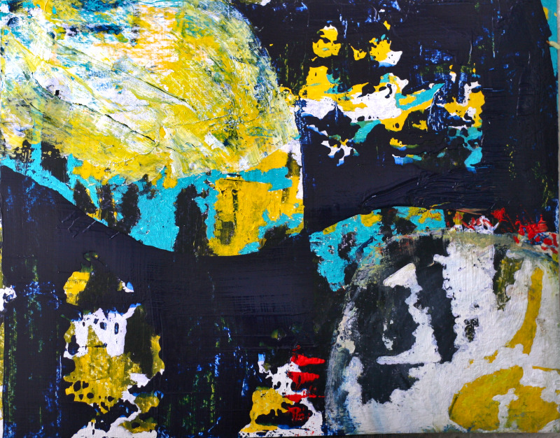 Abstract painting in shades of yellow along with light and dark blue and white in swirls of color.Made on 640 GSM paper