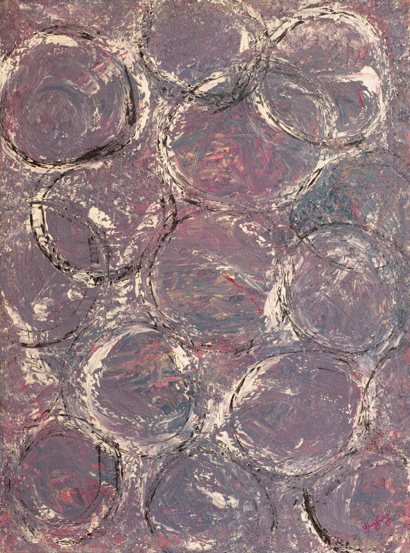 Abstract painting in shades of lavender with white circles drawn all across the surface signifying bubbles