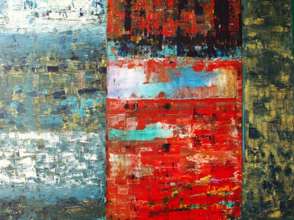 Multicolored abstract painting with bright areas of red, green and gold signifying joy and celebrations