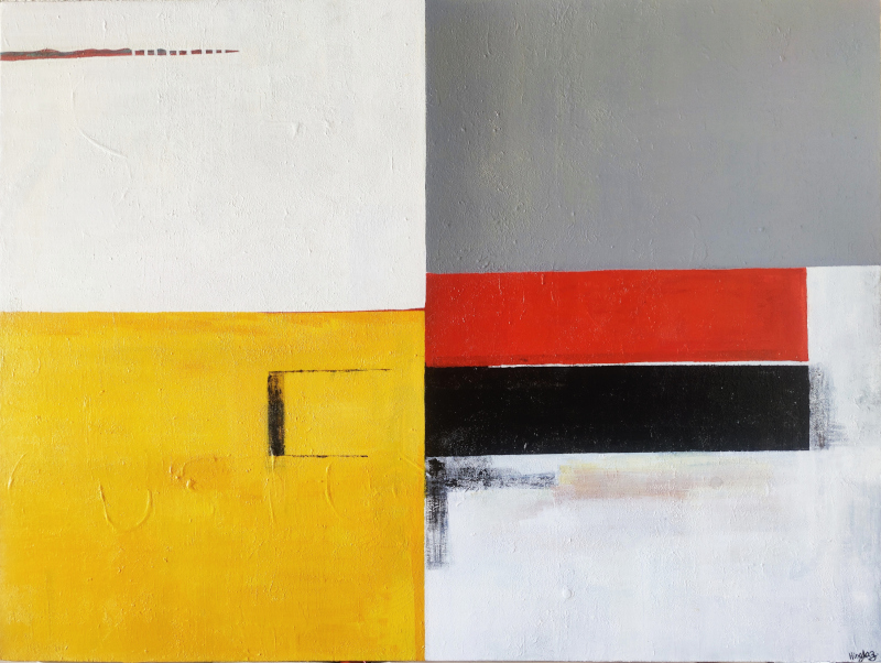 Abstract geometric painting with sharply separated  squares and columns of white, yellow, grey, black and red. Minimalist.