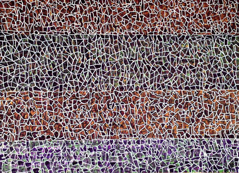 Abstract painting in shades of brown and purple with the appearance of fine lines like webs covering the underpainting