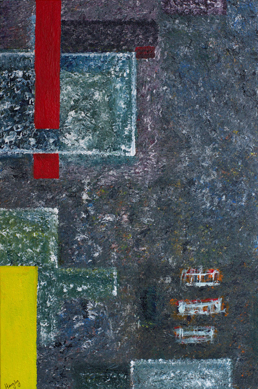Abstract painting in the geometric style with gashes of red and yellow columns piercing a grey and white background, signifying a sudden onslaught of deja vu