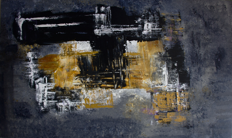 Abstract painting in a yellow, white and black palette with smudges of each shade running across the middle signifying movement, reveries and dreams