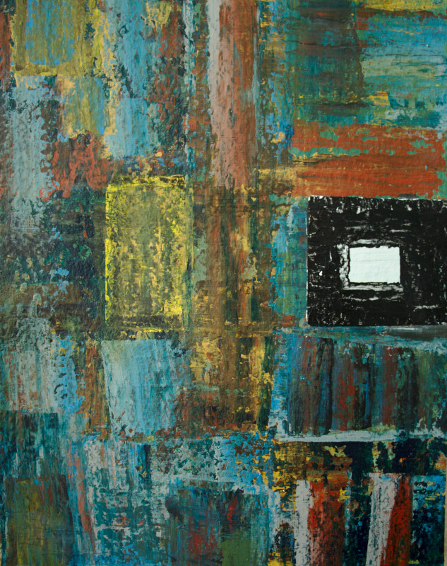 Abstract painting made on 640 gsm paper in shades of blue, grey and green around a white square of light