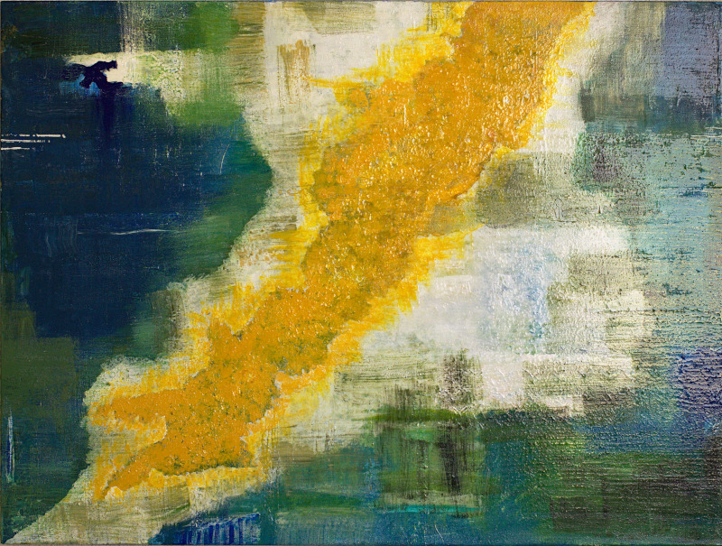 Abstract painting in a white and yellow palette with shades of green and blue