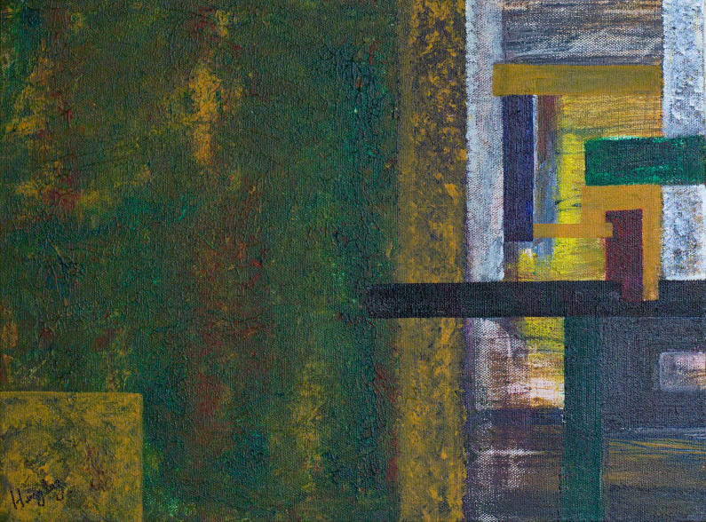 Abstract geometric painting in shades of brown, yellow and white representing the many shades of green and gold found in the deep forest