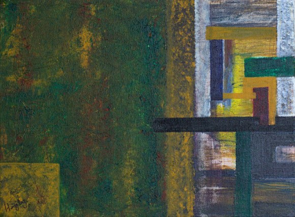 Abstract geometric painting in shades of brown, yellow and white representing the many shades of green and gold found in the deep forest