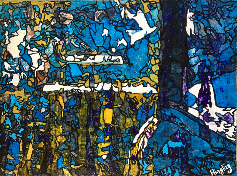 Blue and yellow abstract Painting made on 640 gsm paper signifying a devastated landscape in ruins. Made during the Covid Lockdown in 2020