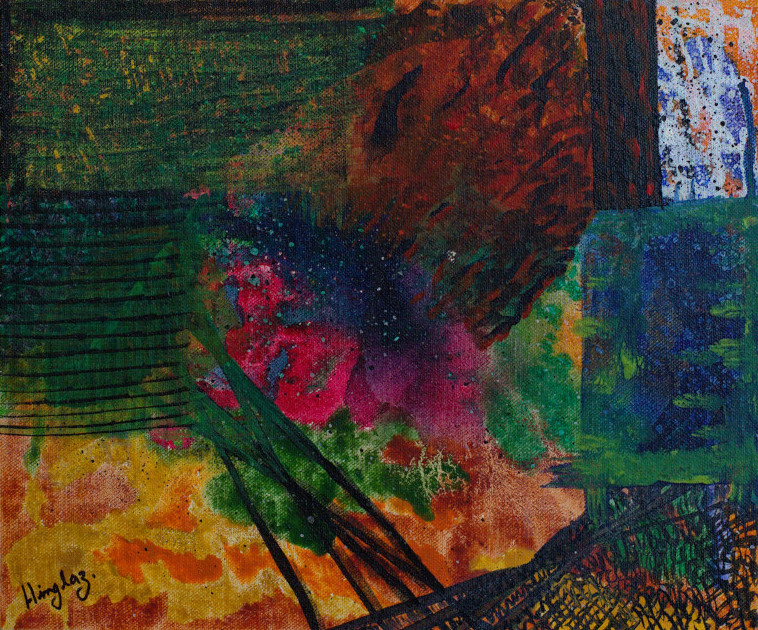 Abstract art in pink, yellow and green shades signifying the devastation caused by fury akin to that of hell