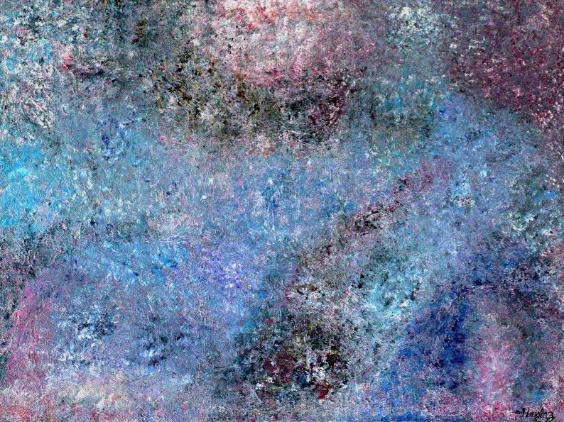 Textured abstract painting with a mottled surface in a blue and purple soft palette with specks of gold and appearance of the cosmos or creation