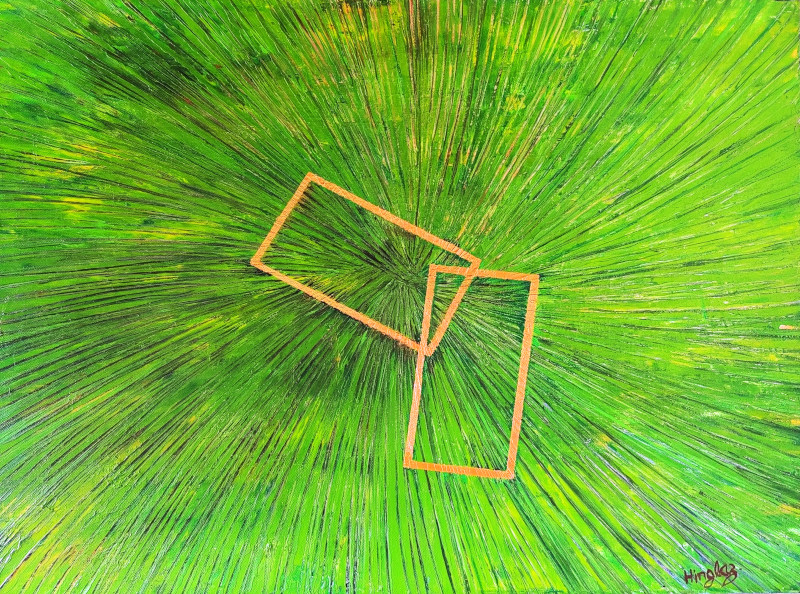 Abstract Painting in green and gold showing to small interlinked hands against a vast backdrop signifying bonds of friendship and love that stands together to face unknown forces and uncertainty