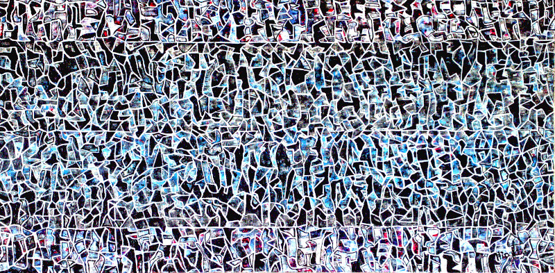 Textured abstract painting in light blue and black with white lines crisscrossing it giving the appearance of broken glass or pottery. Kintsugi is the Japanese traditional art of fixing old pottery with gold and silver reflecting the belief that the value of a thing goes up when it has been used and undergone damage