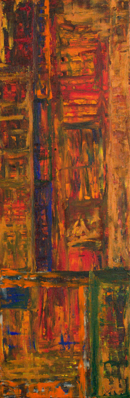 Vertical abstract painting in orange purple and green reminiscent of a pillar with stories and carvings etched on it