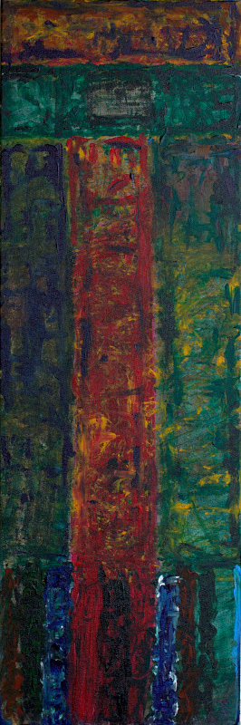 Abstract painting with a red green palette reminiscent of a pillar with stories and carvings etched on it
