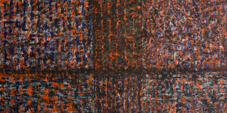 Abstract finger painting in shades of orange, blue and brown with dark veins running through a mottled surface