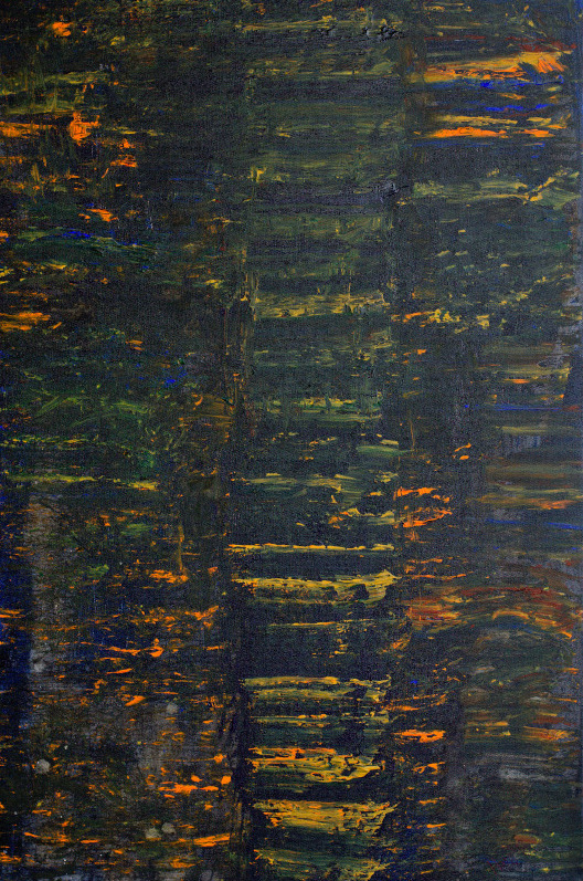 Abstract painting in a dark grey, orange and green palette  signifying the artist's urge to create and translate the feeling flowing in her veins into art