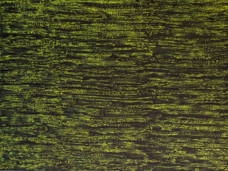 Abstract painting in a dark grey and green palette signifying the artist's urge to create and translate the feeling flowing in her veins into art