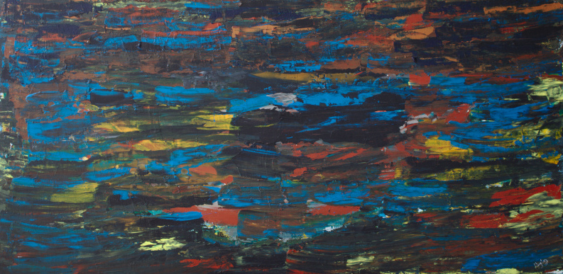 Abstract painting in blue, red, grey and yellow shades signifying the artist's urge to create and translate the feeling flowing in her veins into art