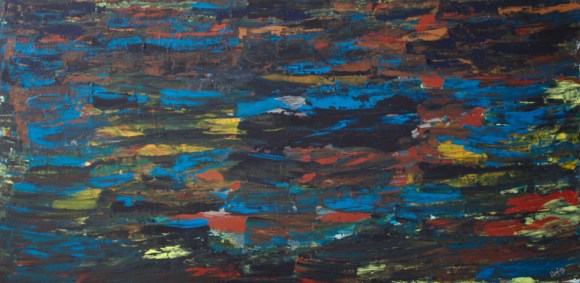 Abstract painting in blue, red, grey and yellow shades signifying the artist's urge to create and translate the feeling flowing in her veins into art