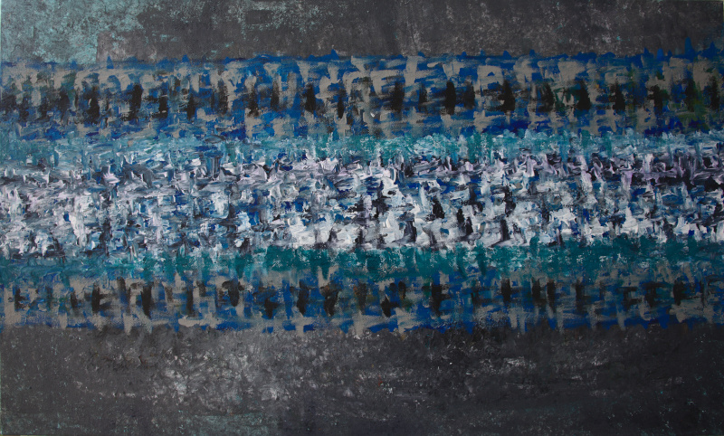 Abstract painting in blue, grey and white shades signifying the artist's urge to create and translate the feeling flowing in her veins into art