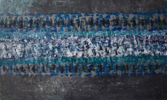 Abstract painting in blue, grey and white shades signifying the artist's urge to create and translate the feeling flowing in her veins into art