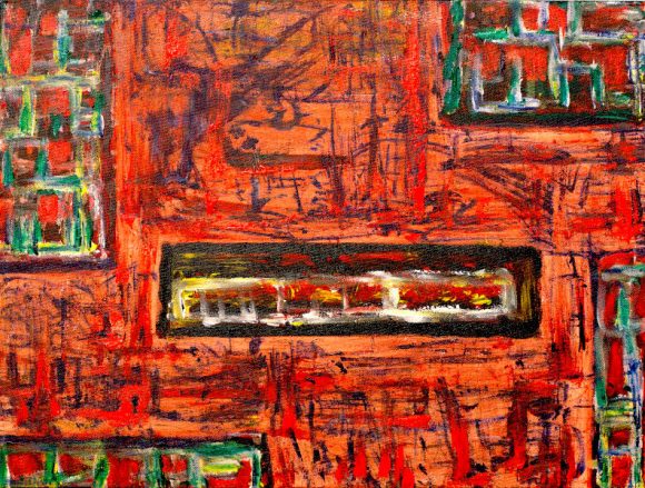 Abstract Painting_in shades of orange, green and brown signifying a fire burning and lapping up everything in its wake, signifying an artist need to create