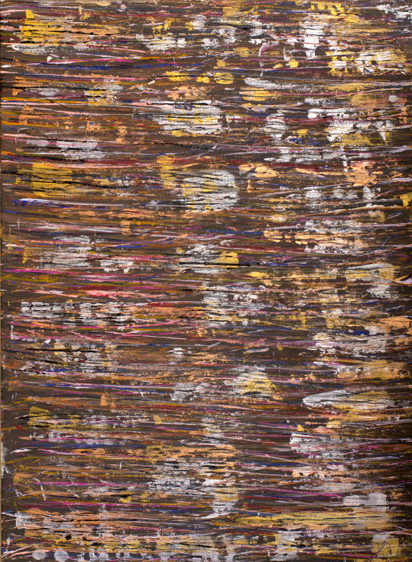 Abstract painting in brown and metallic shades like gold and silver signifying the artist's urge to create and translate the feeling flowing in her veins into art