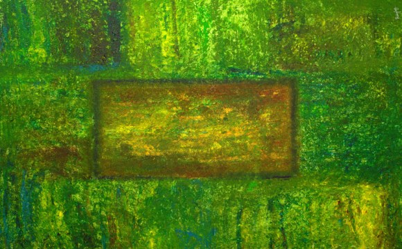 Abstract painting in various shades of green with a green brown slab in the middle signifying the deep calm that the deep forest can bring in