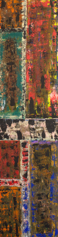 Long vertical abstract painting in shades of red, orange and green showing the vibrancy of approaching spring