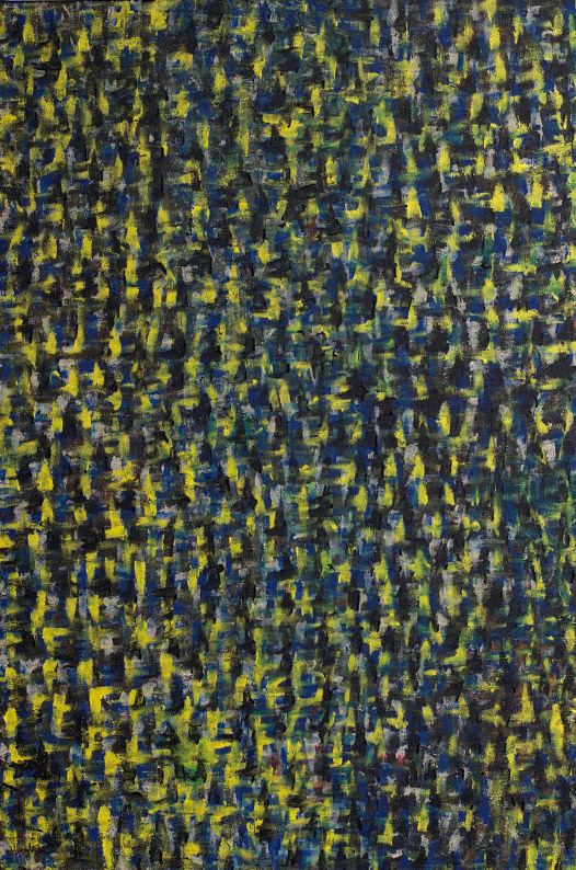 Abstract acrylic on canvas finger painting in yellow and blue with a mottled appearance signifying the many spaces and stories a city has which may look similar from a distance but on closer inspection reveals their unique flavour