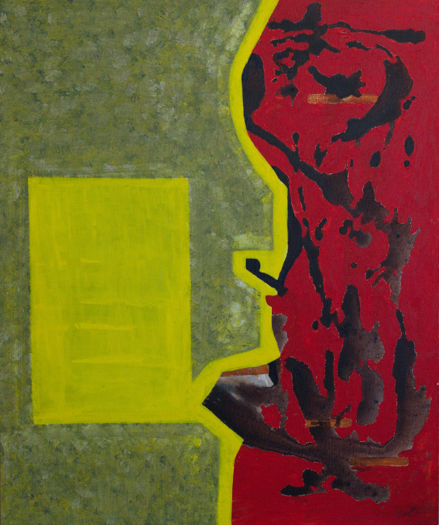 Painting in red and white in the abstract expressionist style showing a black page on the right and swirling chaos on the right signifying the artist's struggle to create