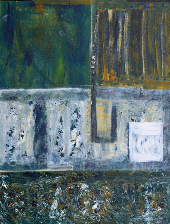 Abstract painting in a grey white background signifying rains and storms that blow away leaves and things from the sidewalk.