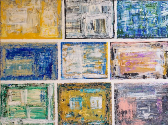 Abstract painting in the geometric style with boxes of light color palette made up of predominantly white and light green blue and orange pink signifying that although different and unique we still stand together and make up a beautiful whole