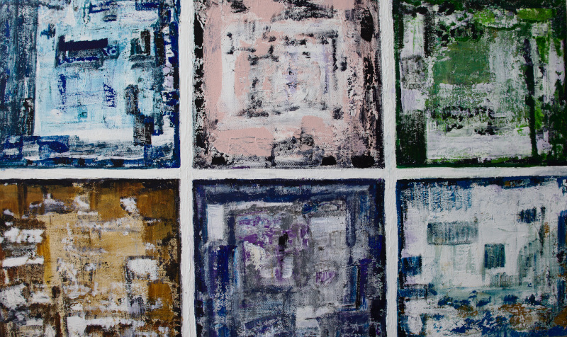 Abstract painting in the geometric style with boxes of light color palettes made up of predominantly white, light green, blue, purple and brown signifying that although different and unique we still stand together and make up a beautiful whole