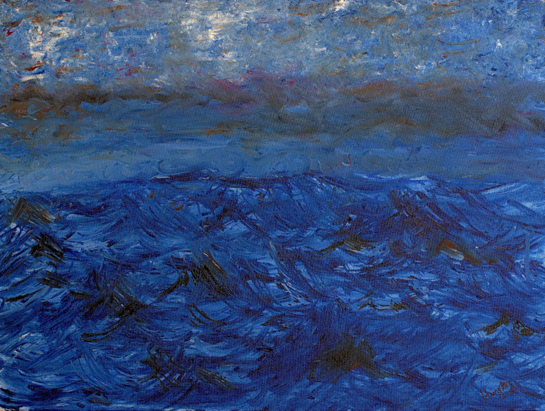 Representational painting in shades of blue showing a turbulent sea with high waves and a ink blue sky during a gathering storm