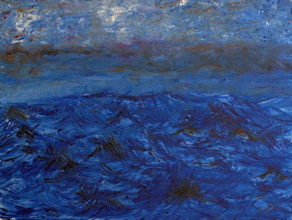 Representational painting in shades of blue showing a turbulent sea with high waves and a ink blue sky during a gathering storm