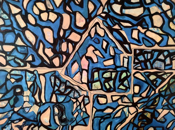 Abstract painting with a blue and light pink palette with undulations in a maze like surroundings reminiscent of labyrinths