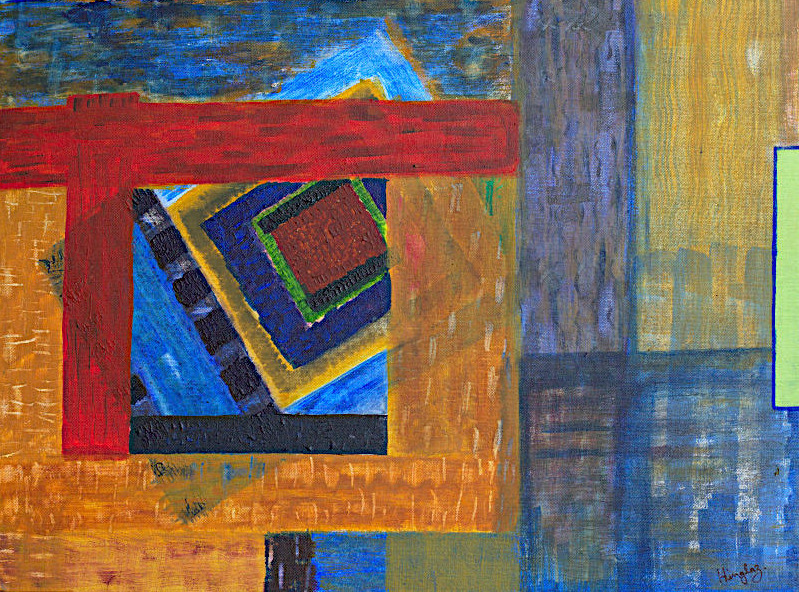 What Lies Beyond is an abstract painting in the geometric style with a red, orange and blue palette with concentric layers of depths creating a hypnotic sense of vertigo and signifies the artist’s struggle to grasp at what lies beyond.