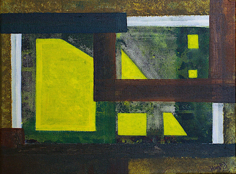 Where the Roads Don't Meet is an abstract acrylic painting in a geometric style in a brown and yellow palette. This painting captures the mood of an inner search that is fraught with interruptions, a journey where the roads start and end with interruptions and do not often meet.
