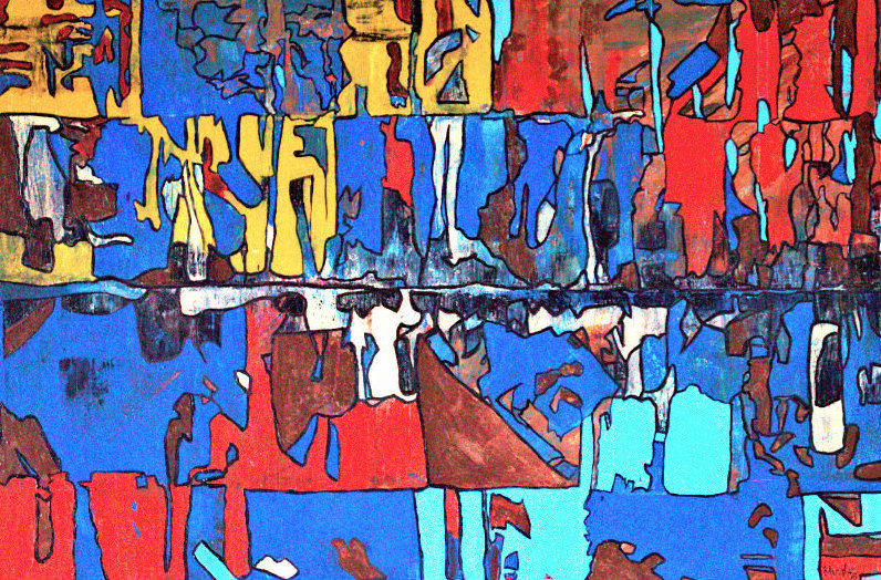 Textured abstract painting in a blue red yellow palette with the appearance of a broken wall or structure with cracks showing through