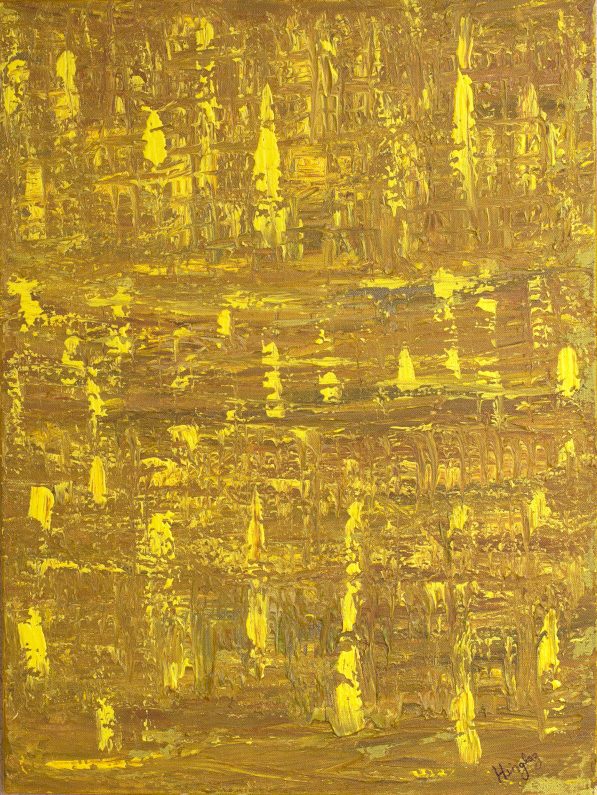 Textured abstract painting in shades of yellow with a bright splotches running across a mixed yellow surface