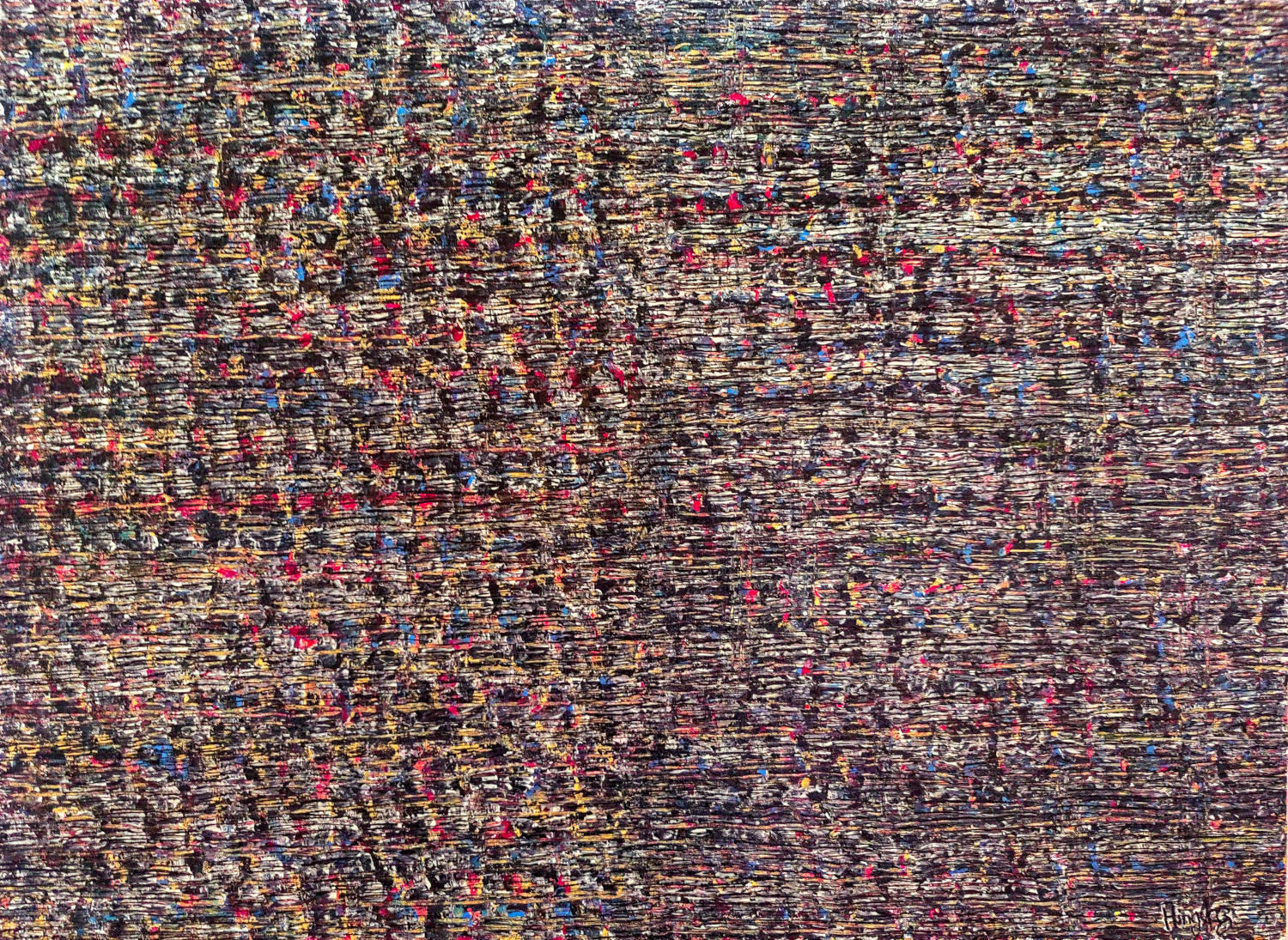 Multi-colored abstract painting with hues of different colors running across the canvas creating a rich, colorful and fantastic smear on the canvas, like ripples and tiny smears of color dancing to the notes of a musical fantasia. Created by the artist's signature style of finger painting and smear technique.