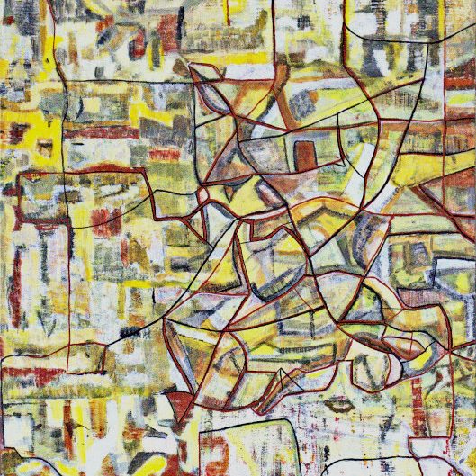 Yellow textured abstract painting with smudges of multiple colors and dark grey lines crisscrossing across it