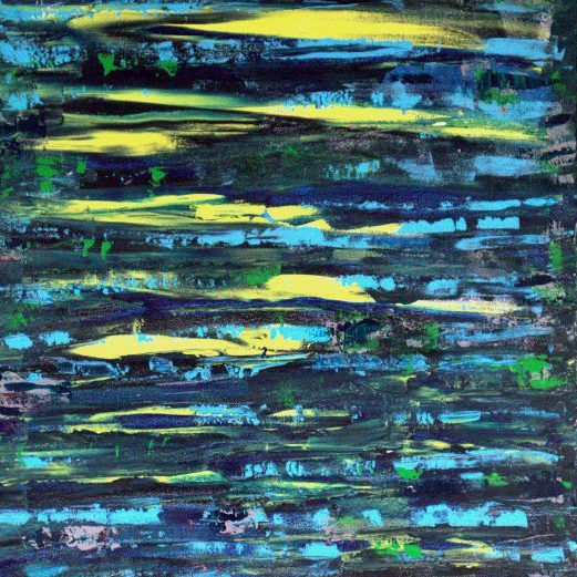 Textured abstract painting with blue and yellow streaks running horizontally like sunlight on water