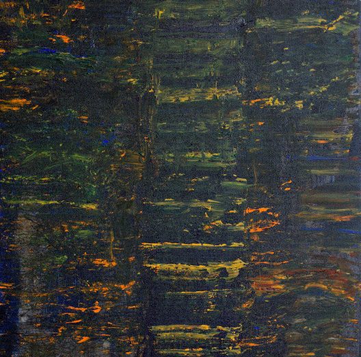 Abstract painting in a dark grey, orange and green palette  signifying the artist's urge to create and translate the feeling flowing in her veins into art