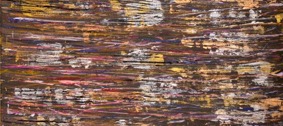 Abstract painting in brown and metallic shades like gold and silver signifying the artist's urge to create and translate the feeling flowing in her veins into art